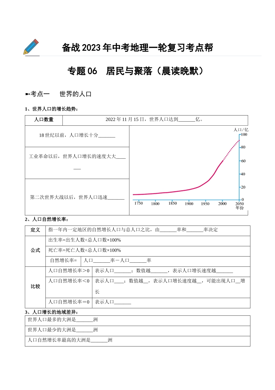 【初中地理】备战2023年中考地理一轮复习-专题06  居民与聚落（晨读晚默）（晚默版）.docx_第1页