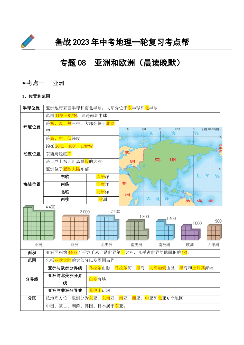 【初中地理】备战2023年中考地理一轮复习-专题08  亚洲和欧洲（晨读晚默）（晨读版）.docx_第1页