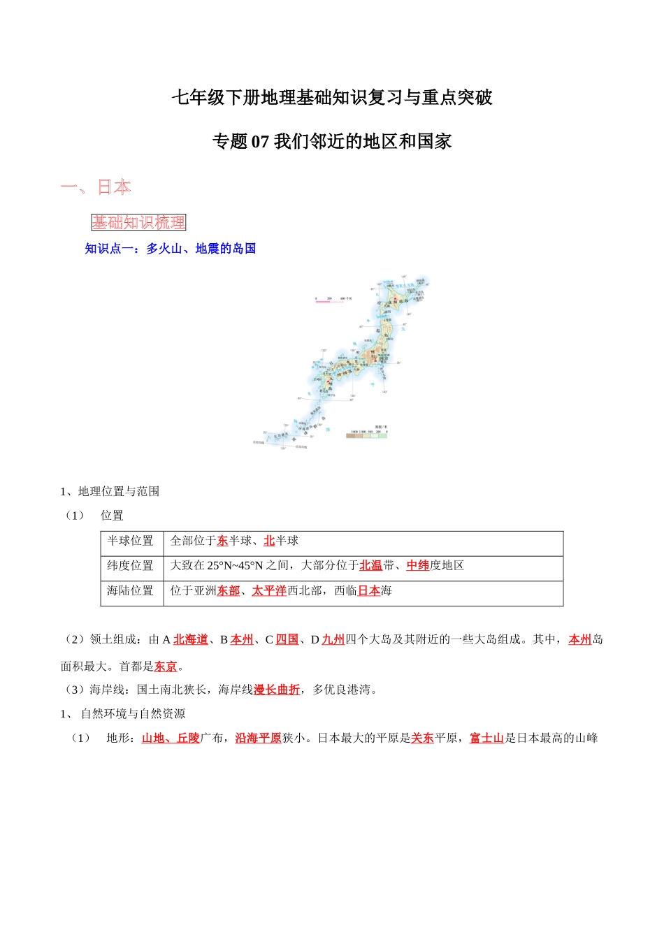 【中考地理】考前背诵知识手册-专题07 我们邻近的地区和国家.doc_第1页