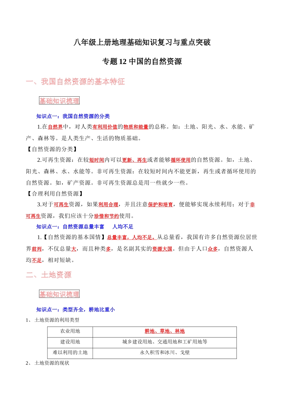 【中考地理】考前背诵知识手册-专题12 中国的自然资源.docx_第1页