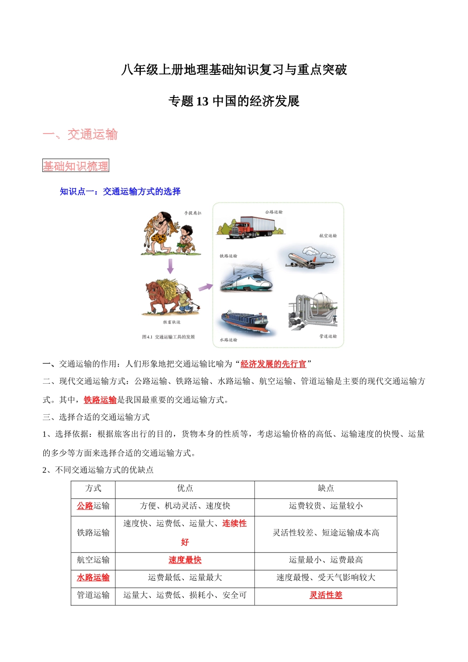 【中考地理】考前背诵知识手册-专题13 中国的经济发展.docx_第1页