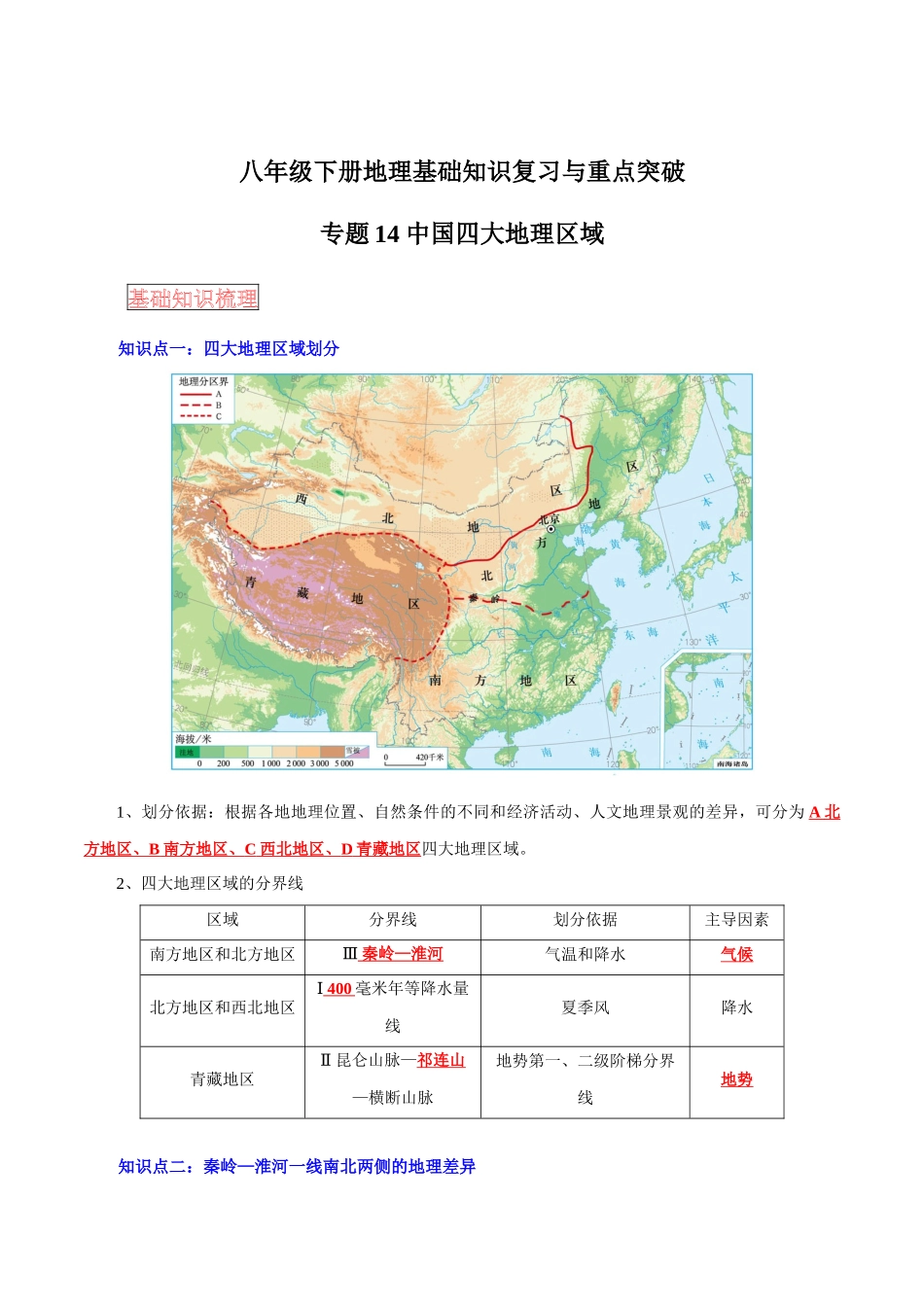 【中考地理】考前背诵知识手册-专题14 中国四大地理区域.docx_第1页