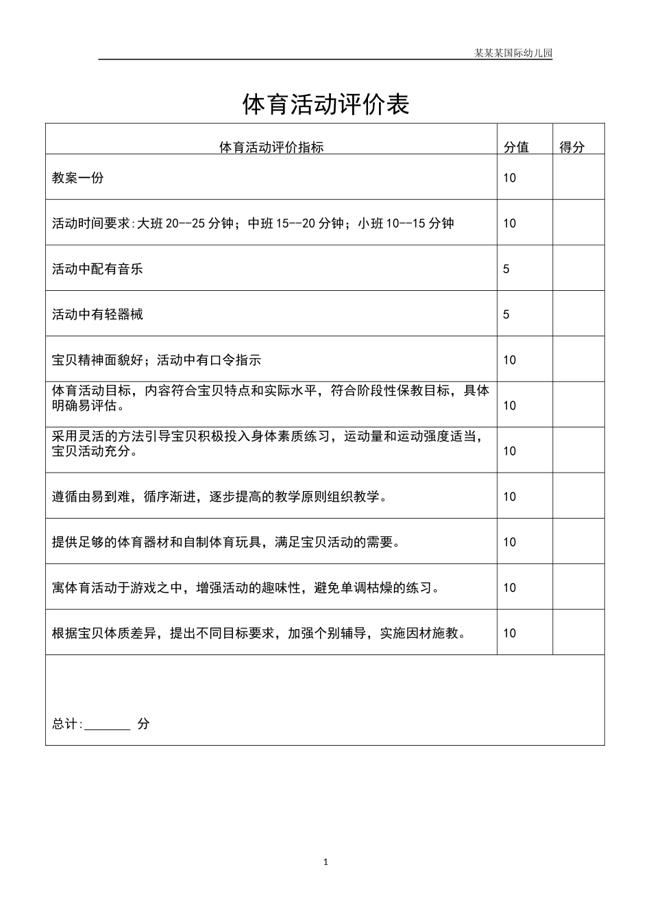 幼儿园常用表格-体育活动评价表附-日常工作管理及绩效考核细则.docx_第1页