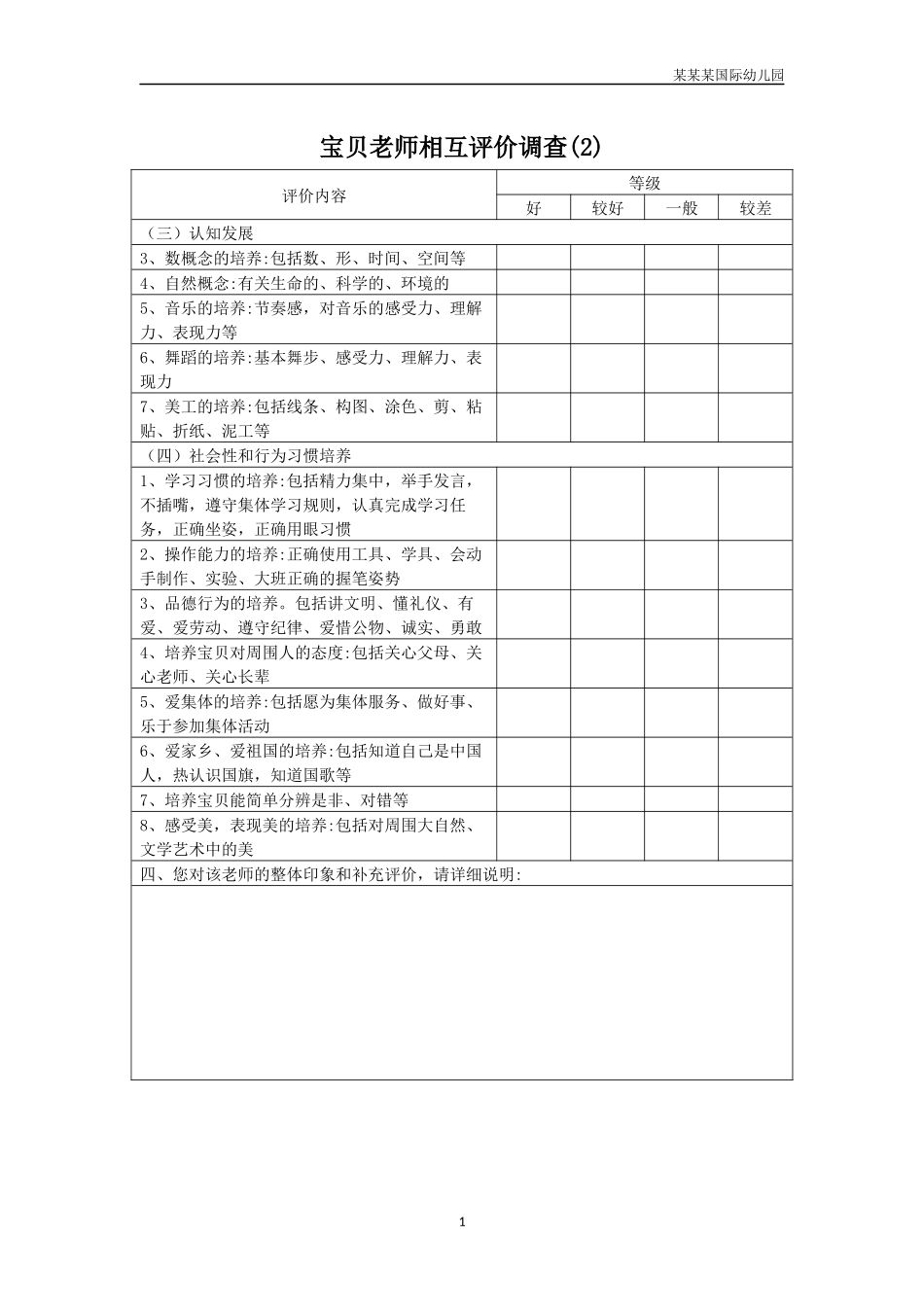 幼儿园常用表格-幼儿教师相互评价调查2附-日常工作管理及绩效考核细则.docx_第1页