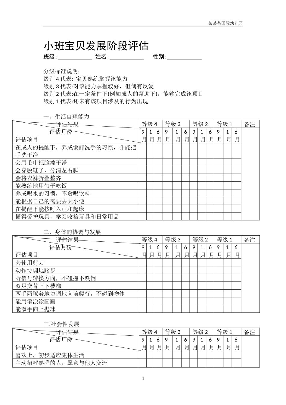 幼儿园常用表格-幼儿园小班幼儿发展阶段评估附-日常工作管理及绩效考核细则.docx_第1页