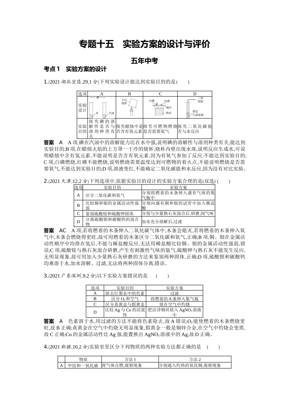 2022版全国版中考化学5 3中考总复习15_15-专题十五　实验方案的设计与评价.docx_第1页