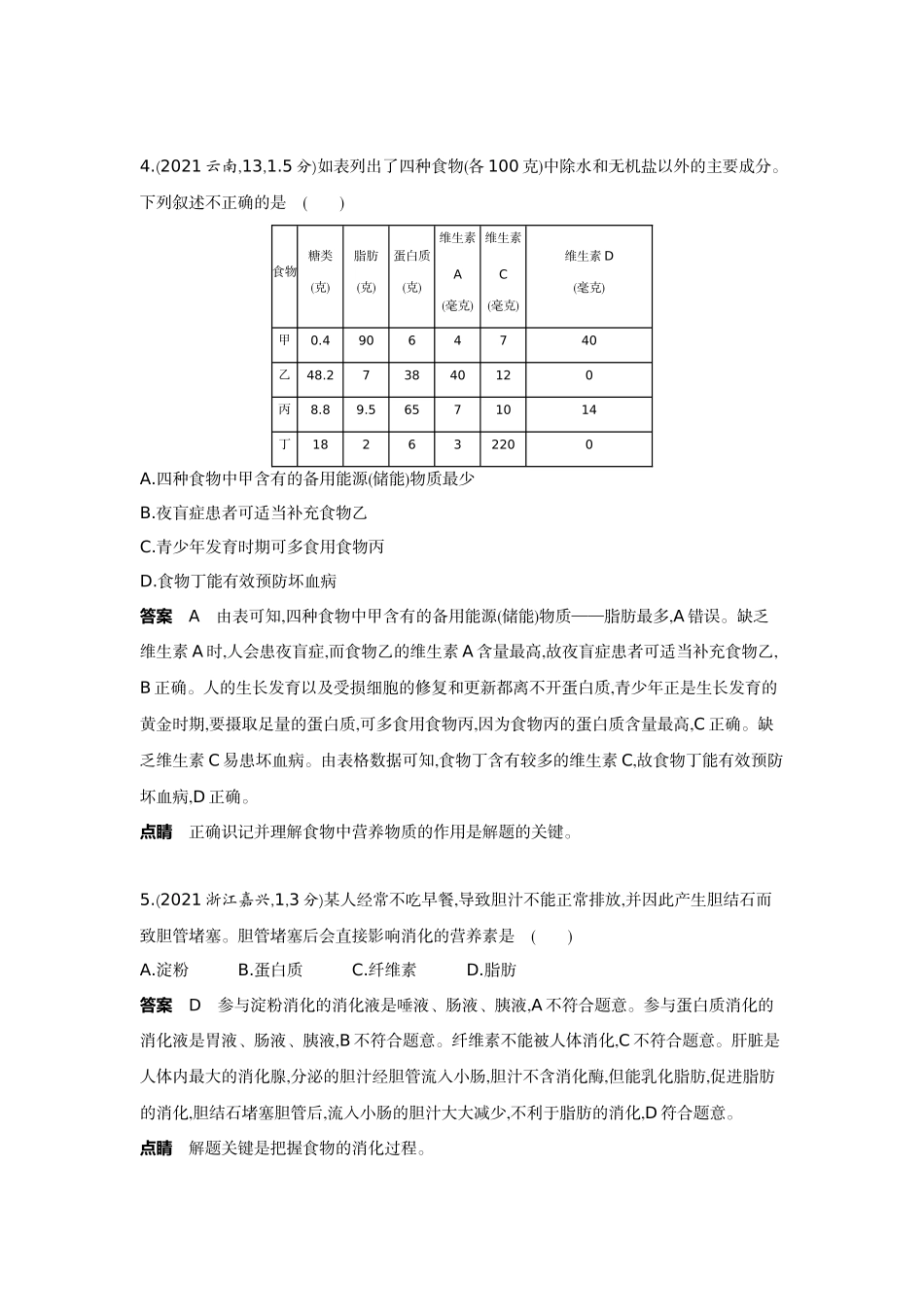 2022版全国版中考生物5 3中考总复习5_05-主题四　生物圈中的人    专题一　人体的营养和呼吸.docx_第2页
