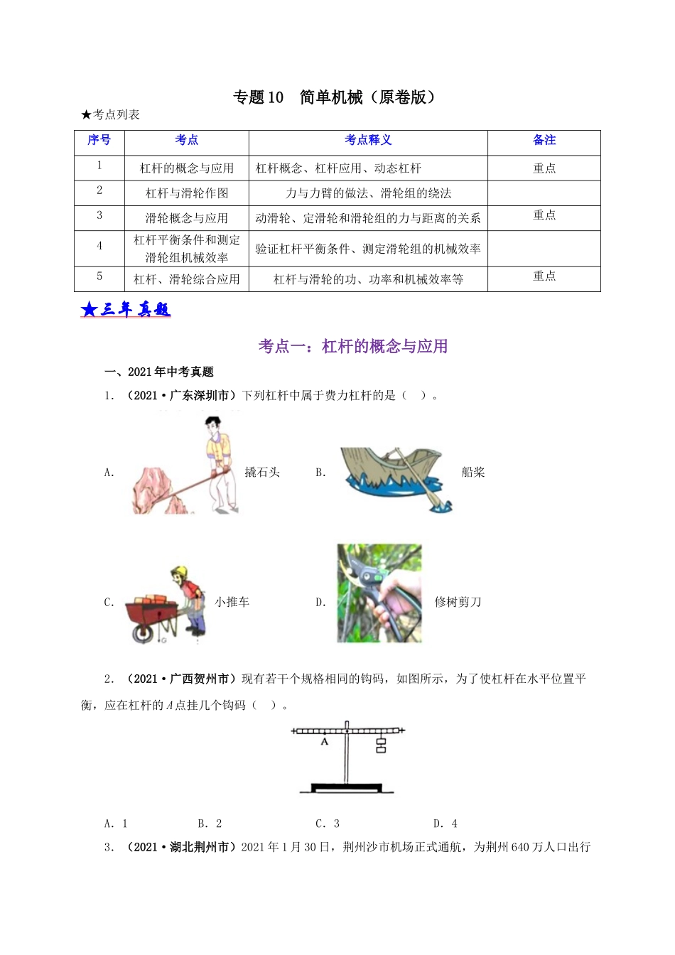 2024中考物理基础知识梳理专题10  简单机械（原卷版）.doc_第1页
