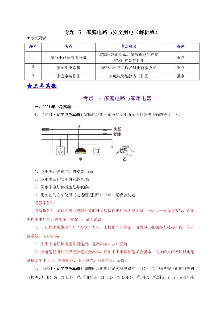 2024中考物理基础知识梳理专题15  家庭电路与安全用电（解析版）.doc_第1页