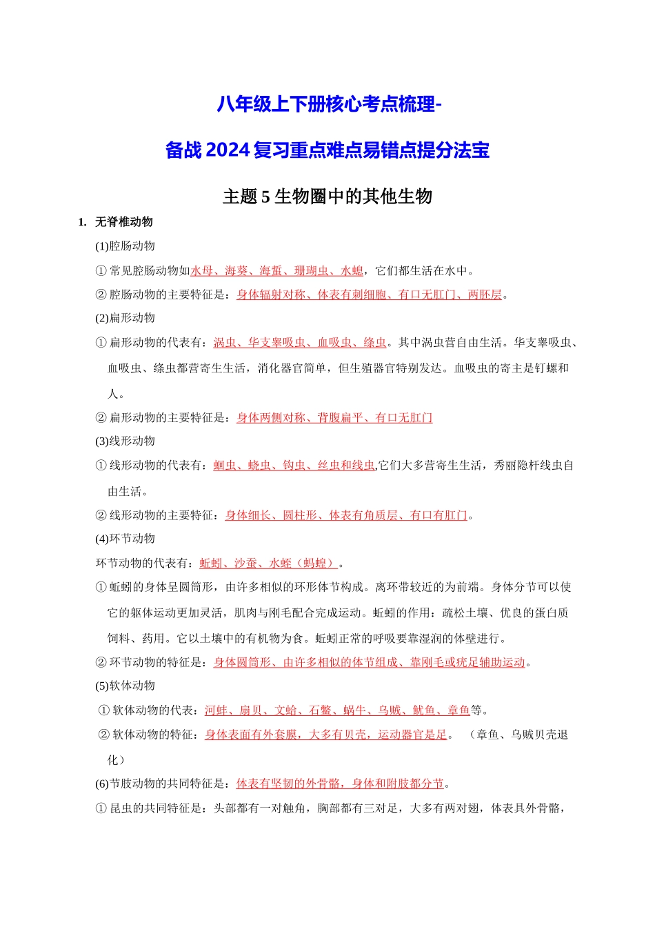 八年级上下册核心考点梳理- 备战2024年中考生物复习重点难点易错点提分法宝.docx_第1页