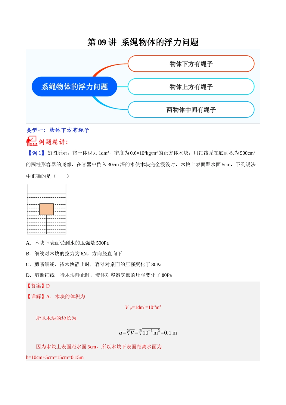 第09讲 系绳物体的浮力问题-2023年中考物理重点核心知识点专题讲练（全国通用）（解析版）.docx_第1页