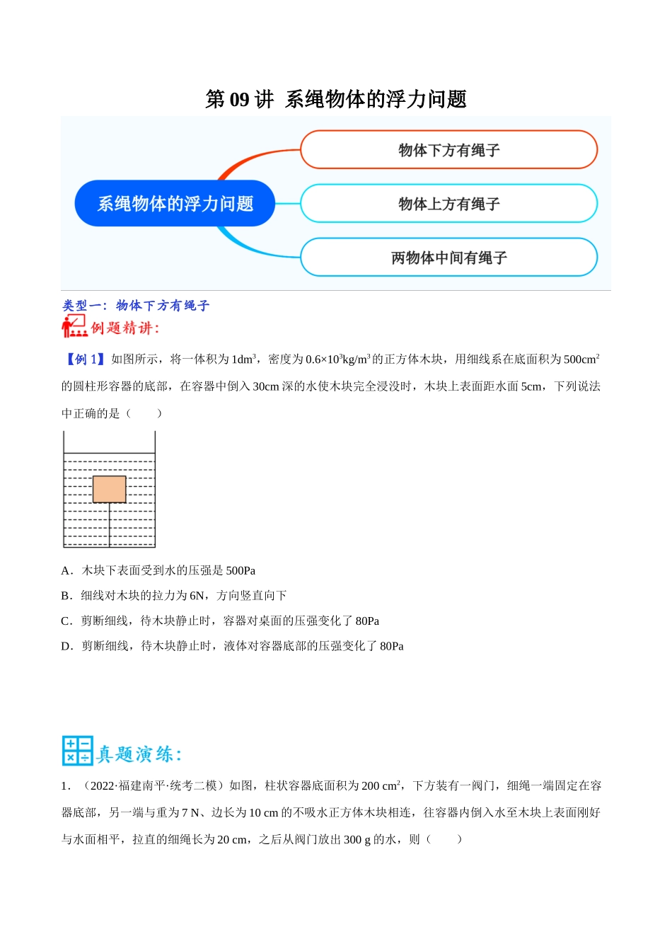 第09讲 系绳物体的浮力问题-2023年中考物理重点核心知识点专题讲练（全国通用）（原卷版）.docx_第1页