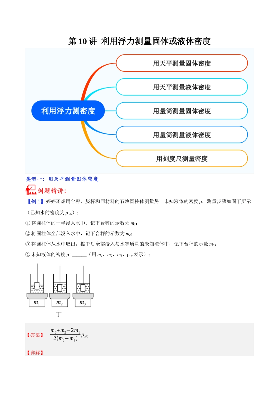 第10讲 利用浮力测量固体或液体密度-2023年中考物理重点核心知识点专题讲练（全国通用）（解析版）.docx_第1页