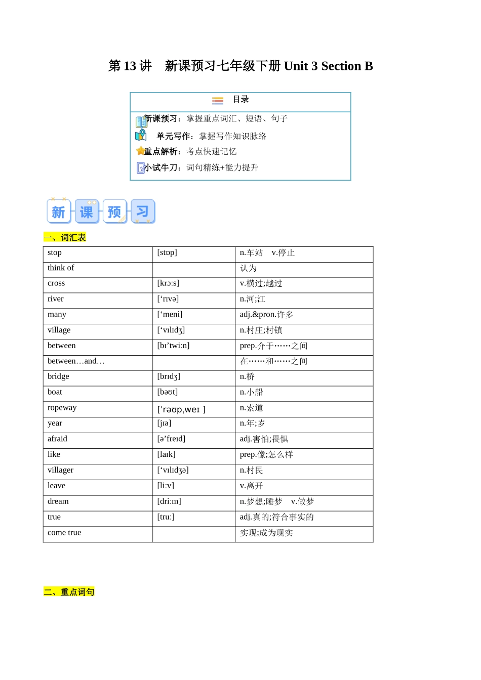 第13讲 新课预习 Unit 3 Section B-【寒假自学课】2024年七年级英语寒假提升学与练（人教版）（解析版）.docx_第1页