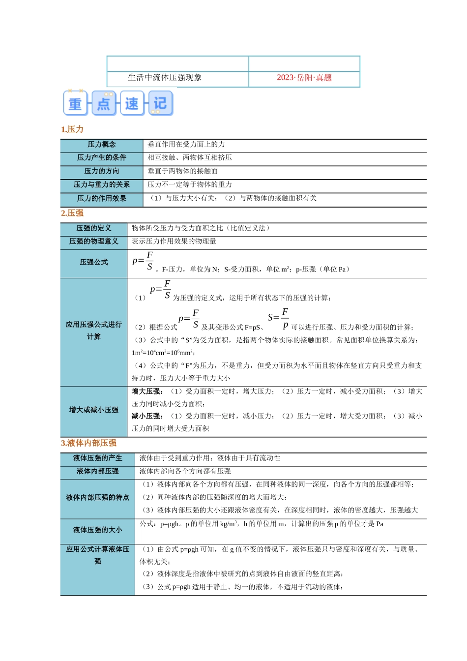 第十九讲  第九章  压强复习总结【寒假自学课】2024年八年级物理寒假提升学与练（解析版）.docx_第2页