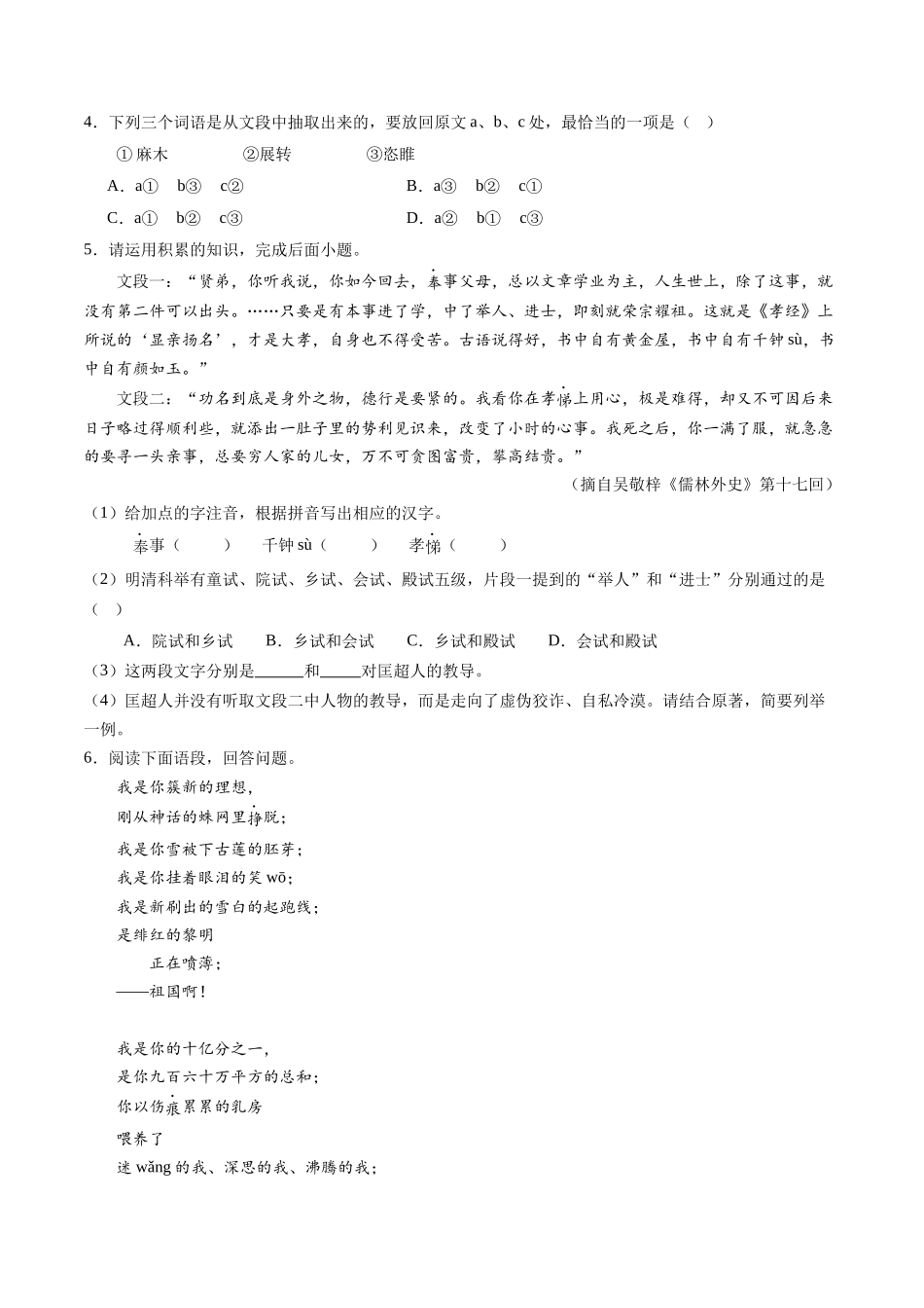 寒假作业04 基础知识综合（原卷版）-【寒假分层作业】2024年九年级语文寒假培优练（统编版）.docx_第2页