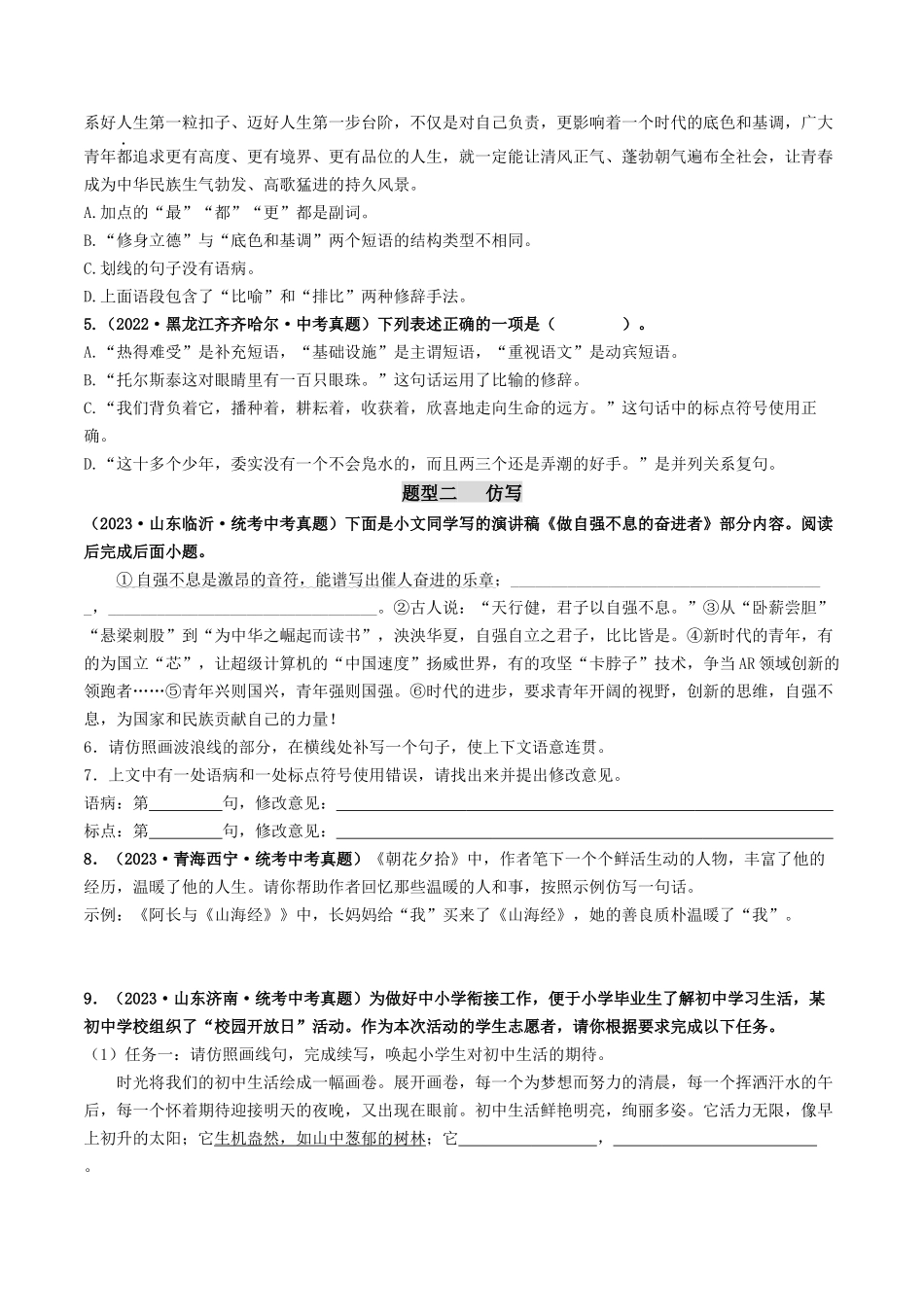 考点五 修辞、仿写与对联（好题冲关）-备战2024年中考语文一轮复习考点帮（全国通用）（原卷版）.docx_第2页