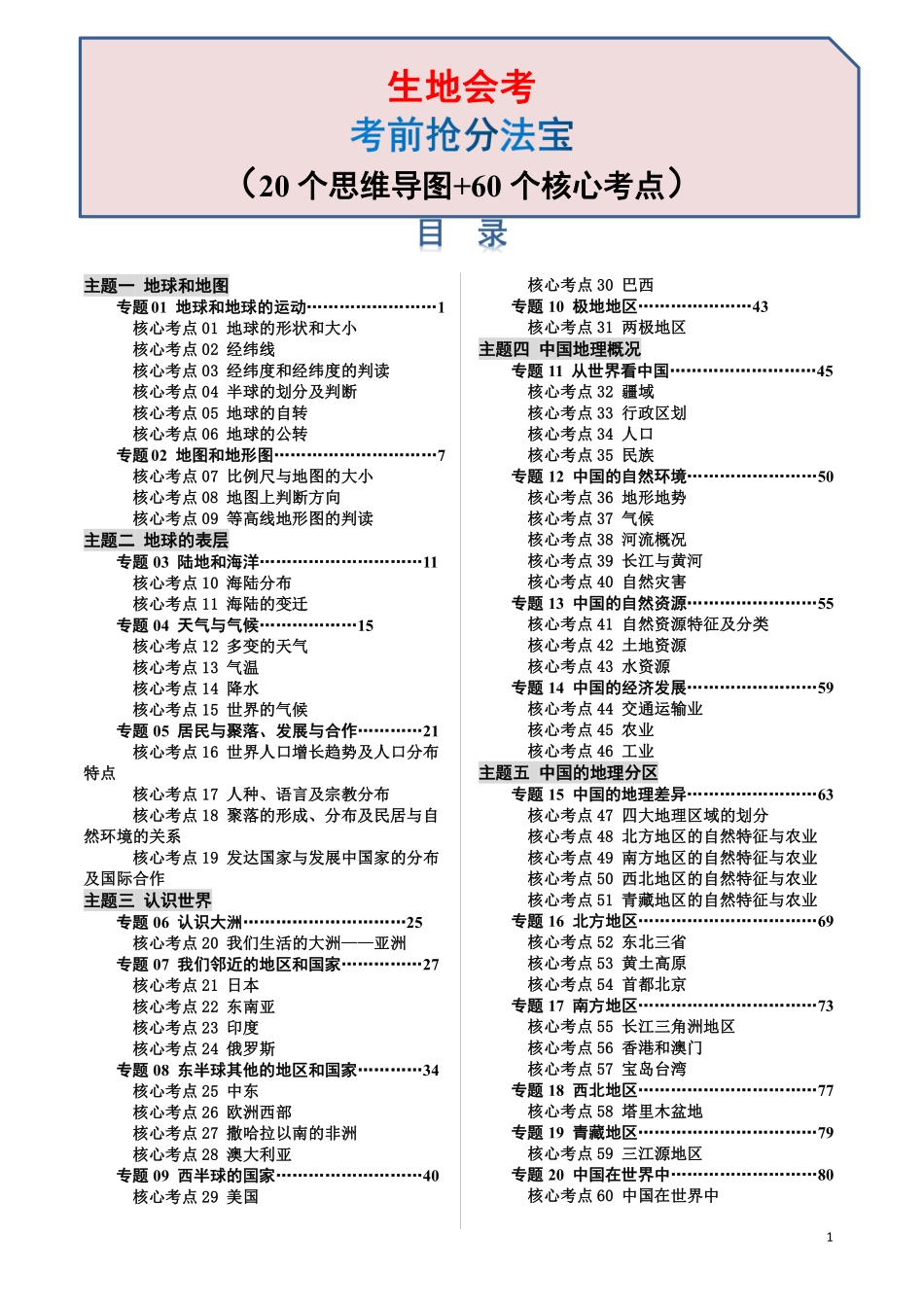 秘籍01 考前抢分法宝（20个思维导图 60个核心考点）-备战2024年中考地理抢分秘籍（全国通用）.pdf_第1页