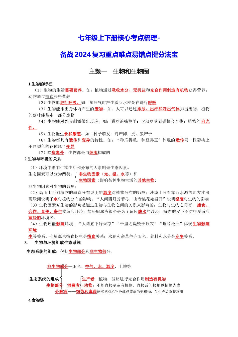 七年级上下册核心考点梳理-备战2024年中考生物复习重点难点易错点提分法宝.docx_第1页