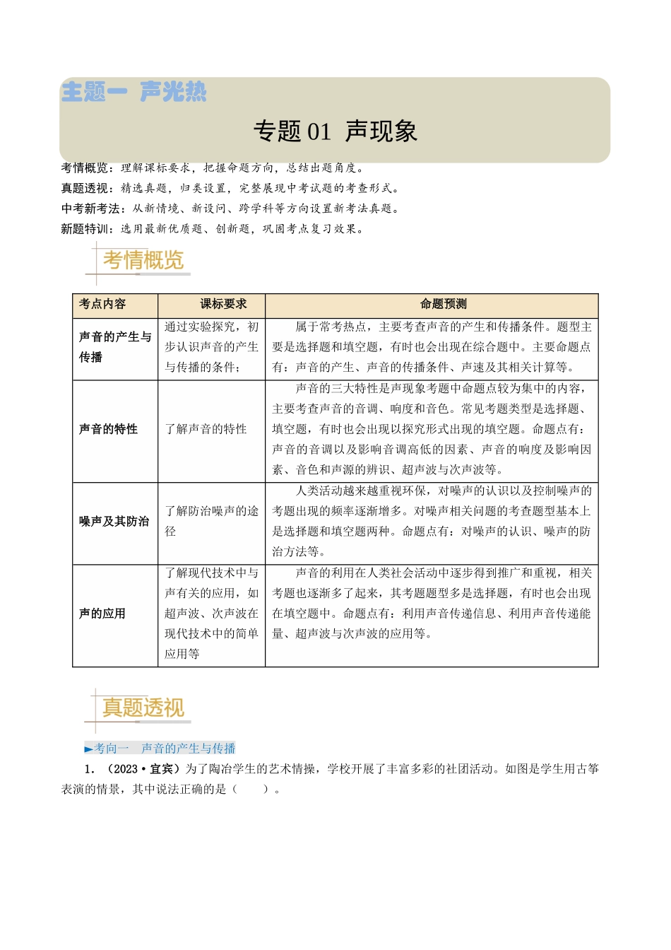 专题01 声现象-备战2024年中考物理真题题源解密（全国通用）（解析版）.docx_第1页