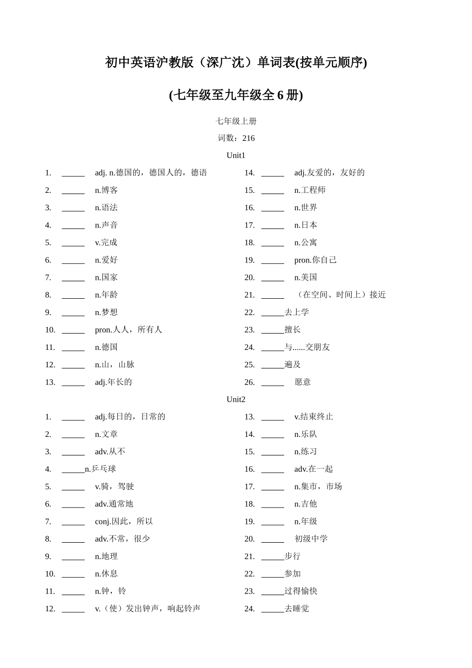专题1.初中英语牛津深圳版单词表(按单元顺序)(七年级至九年级)（默写版）-【初中英语】备战2024年中考一轮复习.docx_第1页