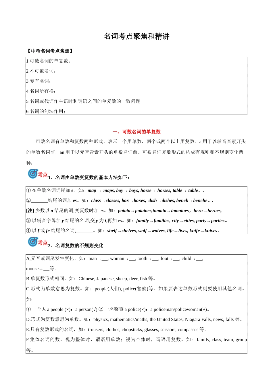 专题1.名词考点聚焦和精讲 （原卷版）-【初中英语】备战2024年中考一轮复习.docx_第1页