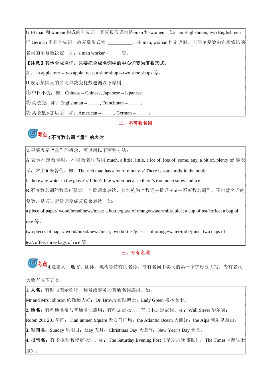 专题1.名词考点聚焦和精讲 （原卷版）-【初中英语】备战2024年中考一轮复习.docx_第2页