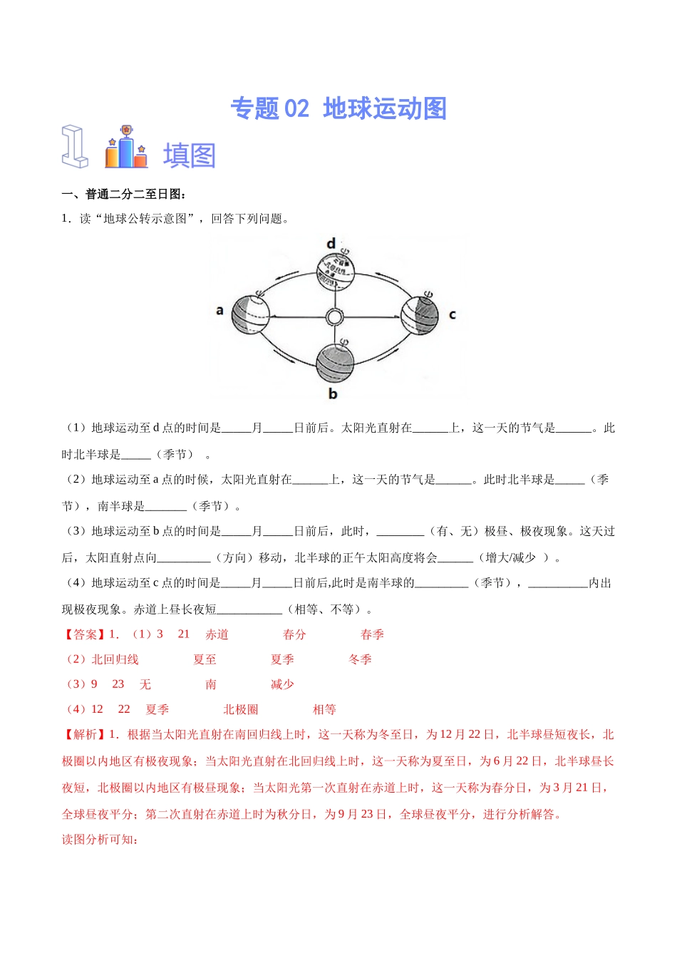 专题02  地球运动图（解析版）-【识图速记】初中地理必备识图速记手册与变式演练.docx_第1页
