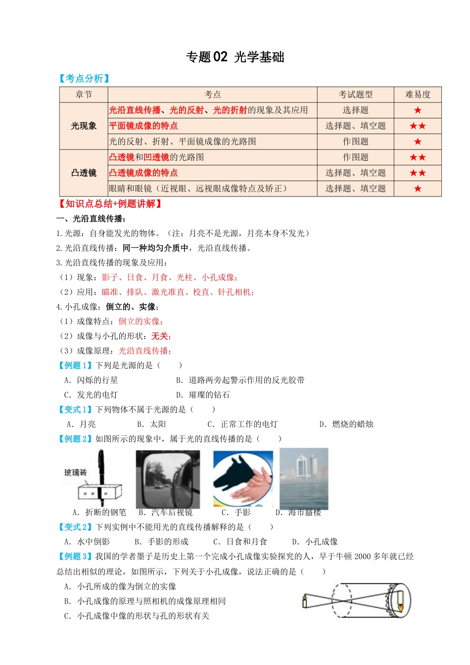 专题02光学基础（知识点复习+例题讲解+过关练习）-备战2023年中考物理一轮复习考点帮 （原卷版）.docx_第1页