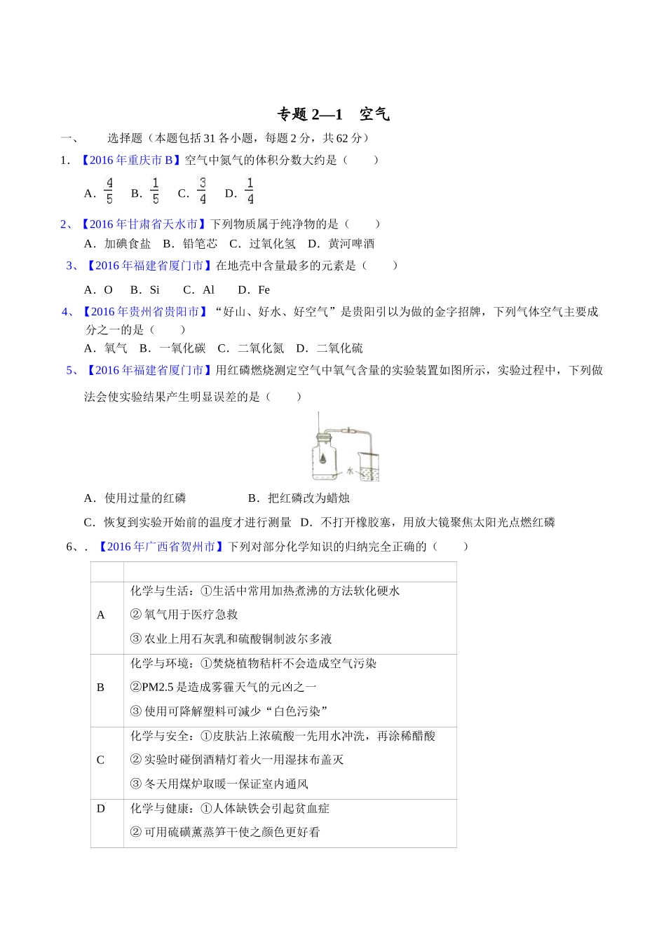 专题2.1 空气（第03期）-2016年中考化学试题分项版解析汇编（原卷版）.doc_第1页