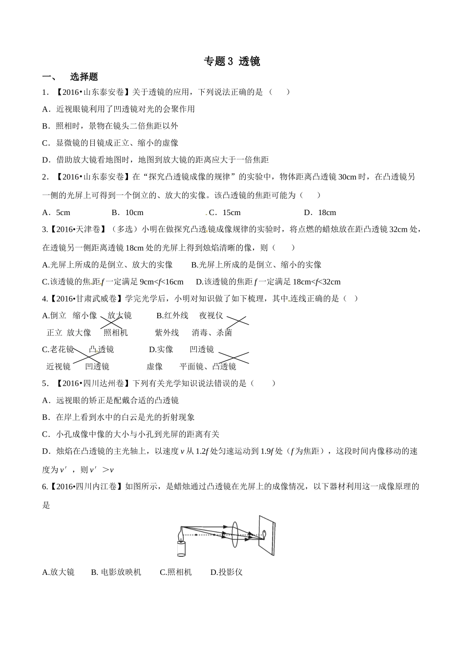 专题03 透镜（第01期）-2016年中考物理试题分项版解析汇编系列（原卷版）.doc_第1页