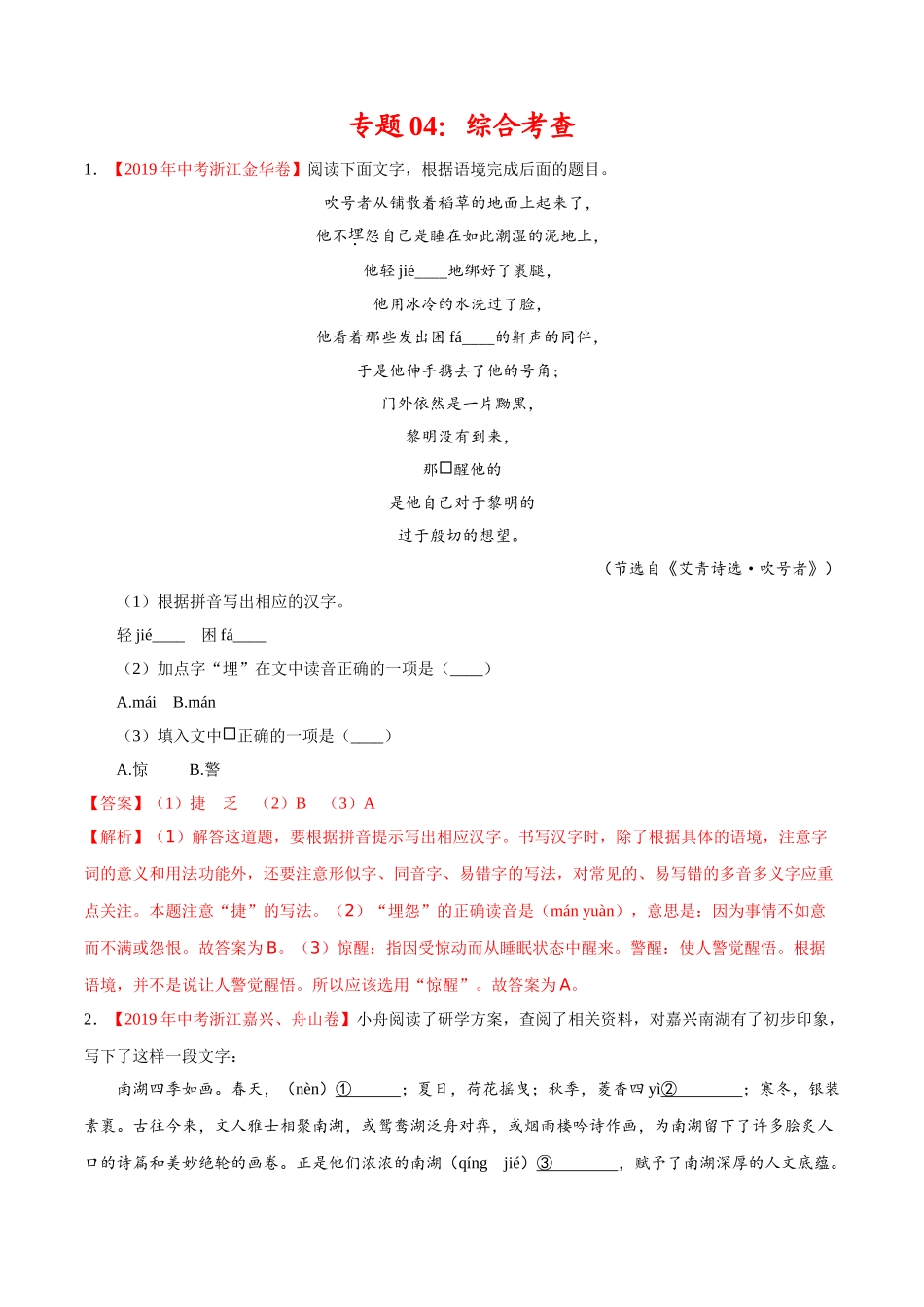 专题04 综合考查（第01期）-2019年中考真题语文试题分项汇编（解析版）.doc_第1页