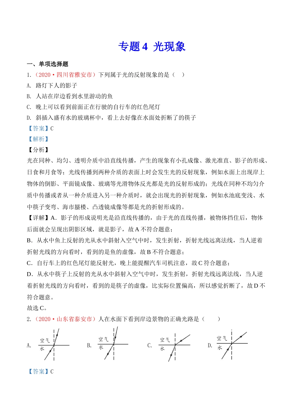 专题4  光现象（解析版）-2020年中考物理真题分项汇编（全国通用）.doc_第1页