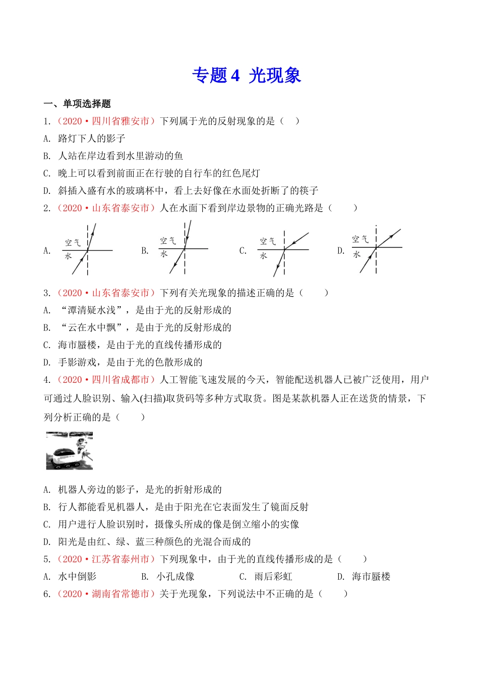 专题4  光现象（原卷版）-2020年中考物理真题分项汇编（全国通用）.doc_第1页