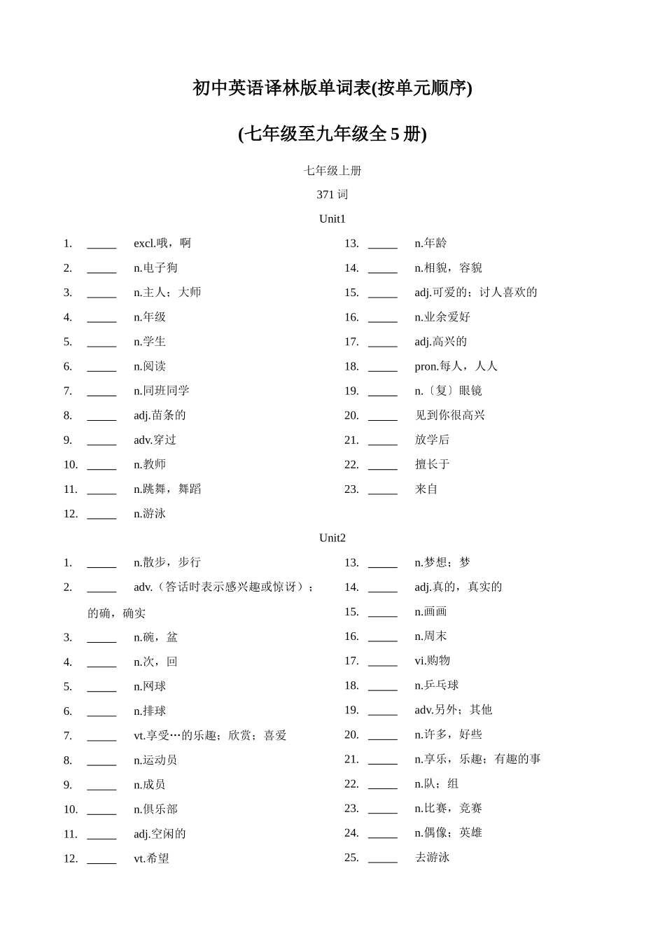 专题4.初中英语牛津译林版单词表(按单元顺序)(七年级至九年级)（默写版）-【初中英语】备战2024年中考一轮复习.docx_第1页