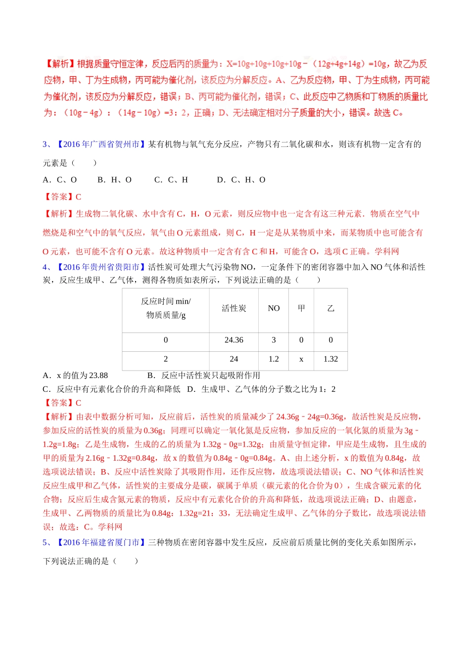 专题5.1 质量守恒定律（第03期）-2016年中考化学试题分项版解析汇编（解析版）.doc_第2页