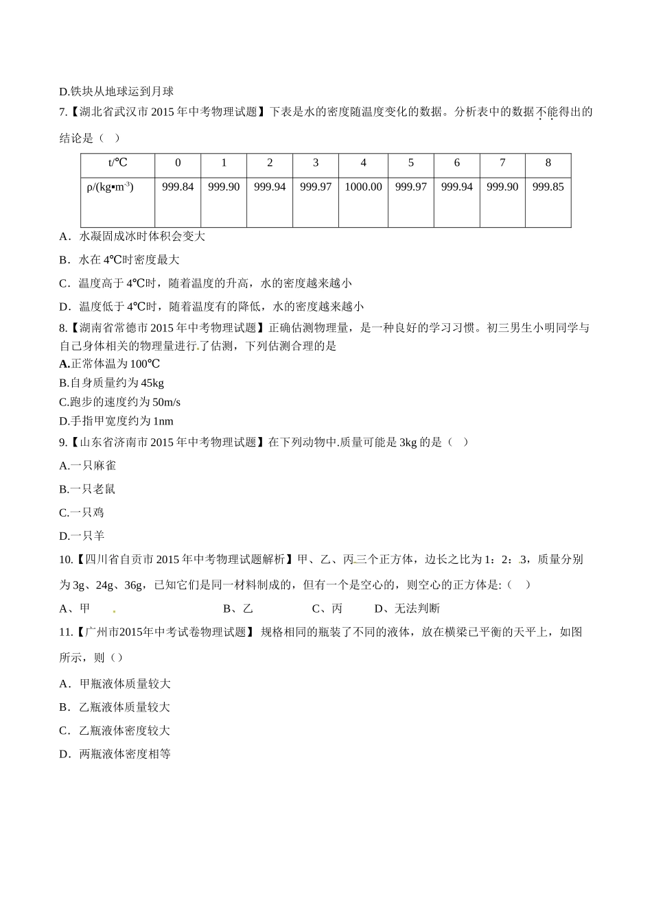 专题06 质量和密度（第01期）-2015年中考物理试题分项版解析汇编（原卷版）.doc_第2页