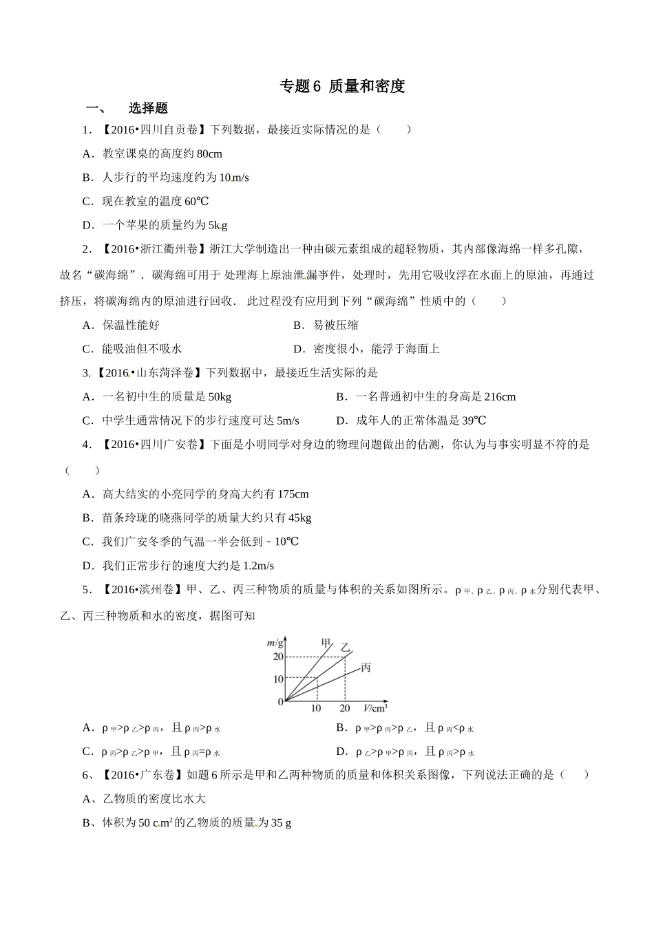 专题06 质量和密度（第01期）-2016年中考物理试题分项版解析汇编系列（原卷版）.doc_第1页