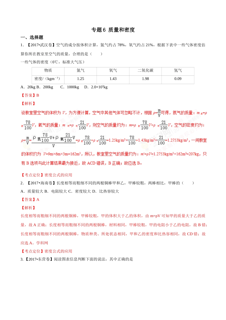 专题06 质量和密度（第02期）-2017年中考物理试题分项版解析汇编（解析版）.doc_第1页