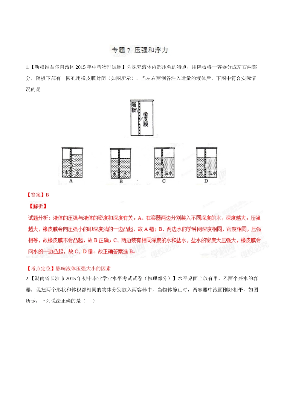 专题07 压强和浮力（第03期）-2015年中考物理试题分项版解析汇编（解析版）.doc_第1页