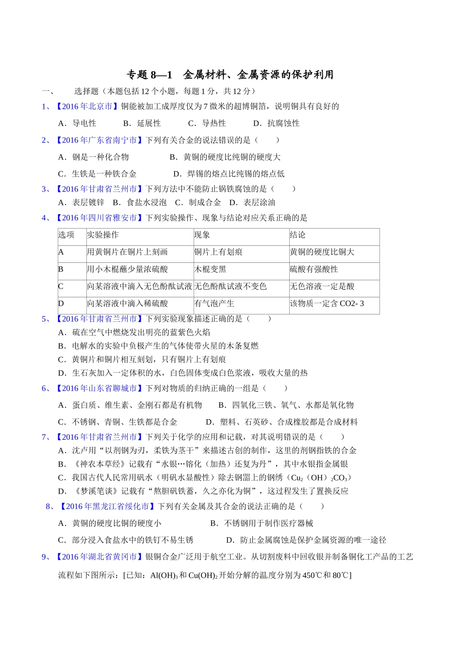 专题8.1  金属材料、金属资源的保护、利用（第02期）-2016年中考化学试题分项版解析汇编（原卷版）.doc_第1页
