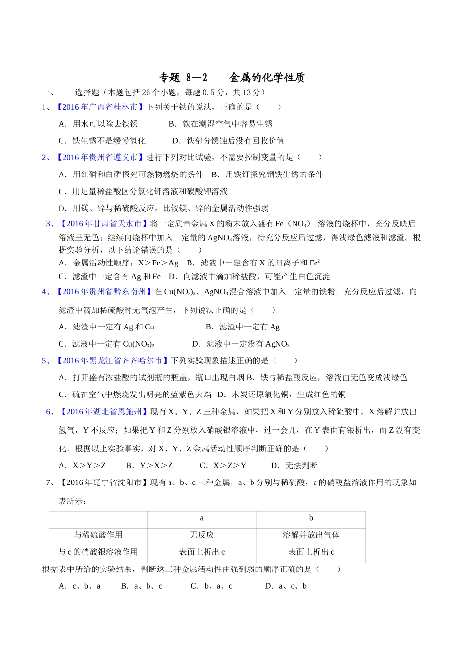 专题8.2 金属的化学性质（第03期）-2016年中考化学试题分项版解析汇编（原卷版）.doc_第1页
