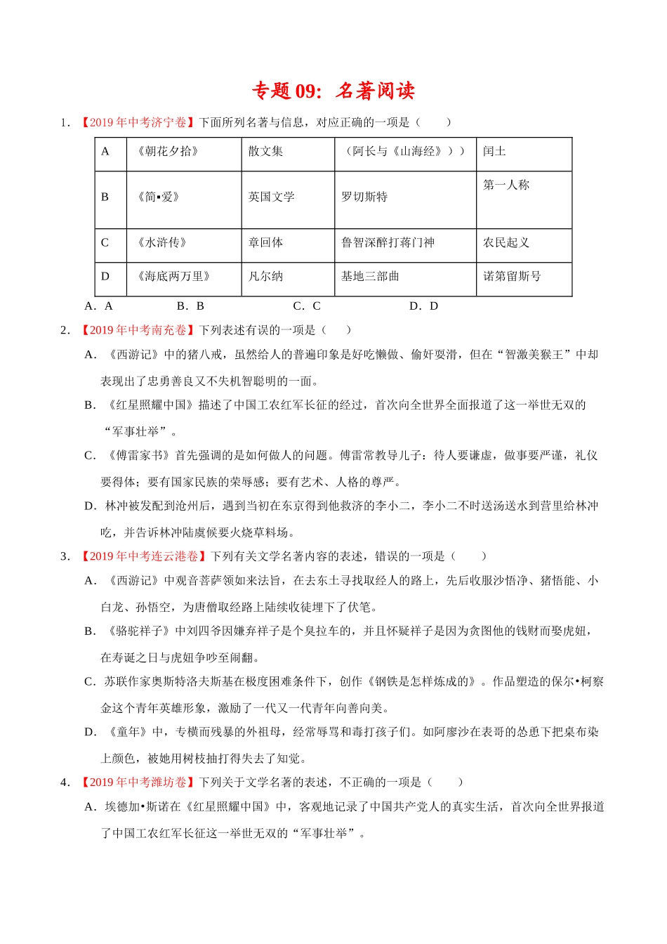专题09 名著阅读（第01期）-2019年中考真题语文试题分项汇编（原卷版）.doc_第1页
