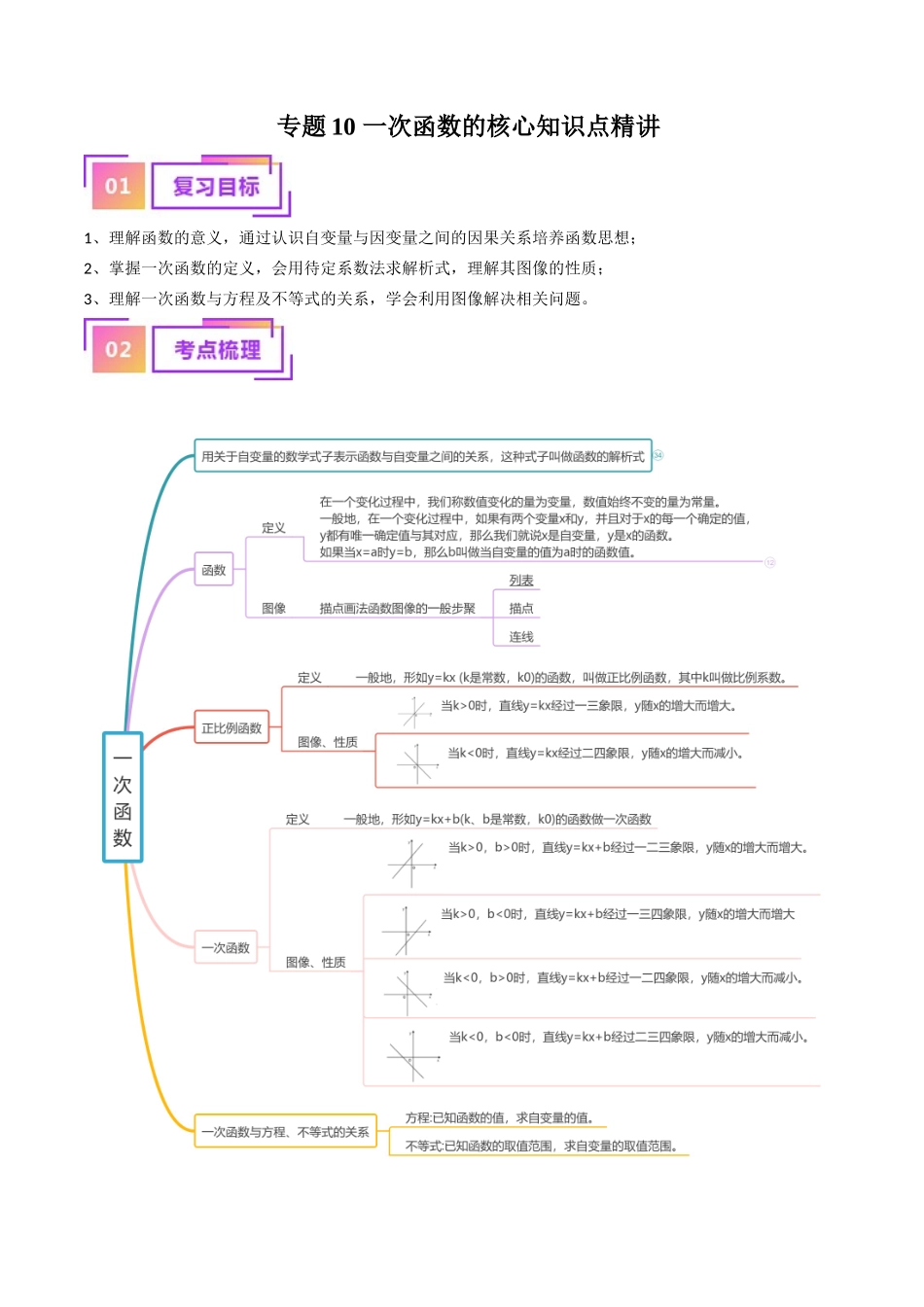 专题10 一次函数的核心知识点精讲（讲义）-备战2024年中考数学一轮复习考点帮（全国通用）（解析版）.docx_第1页