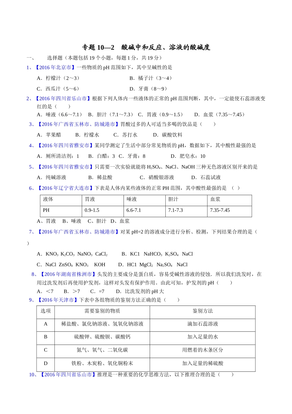 专题10.2  酸碱中和反应、溶液的酸碱度（第02期）-2016年中考化学试题分项版解析汇编（原卷版）.doc_第1页