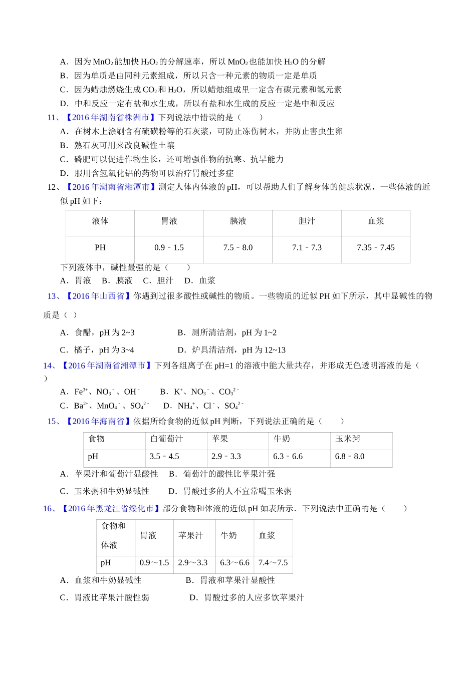 专题10.2  酸碱中和反应、溶液的酸碱度（第02期）-2016年中考化学试题分项版解析汇编（原卷版）.doc_第2页
