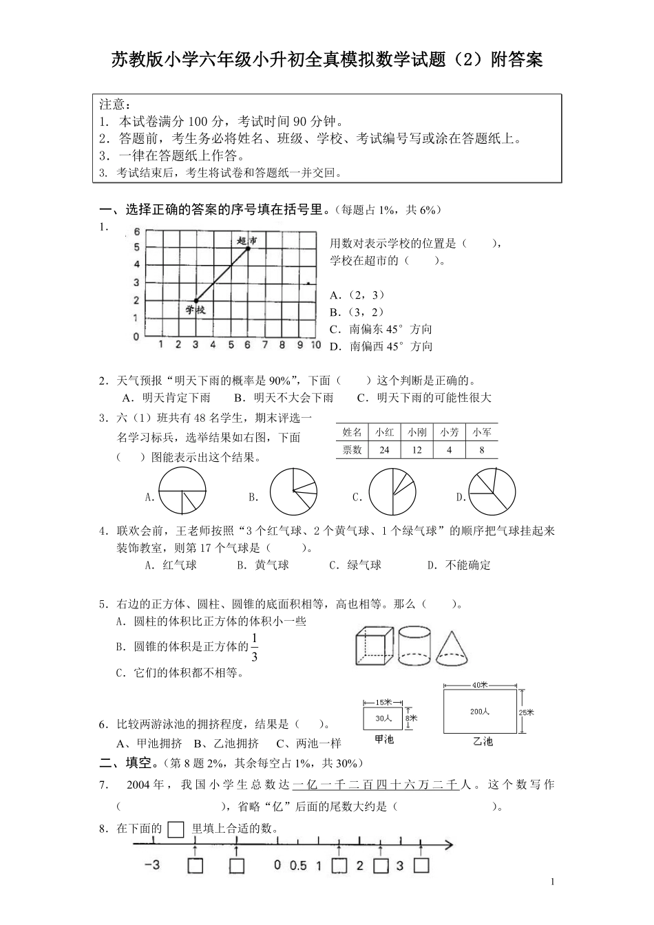 苏教版小学六年级小升初全真模拟数学试题2附答案.pdf_第1页
