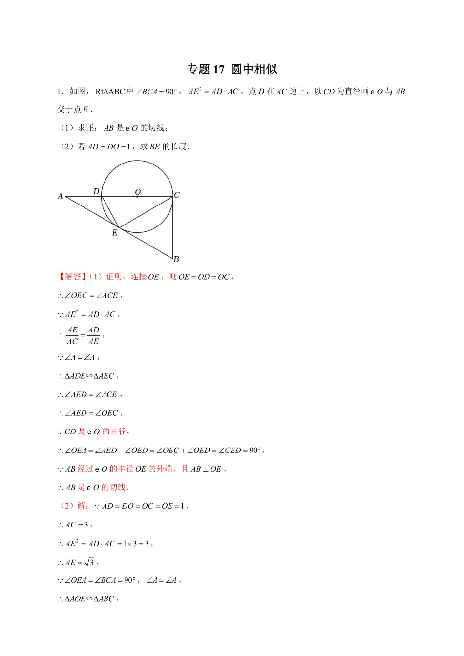 部编数学九年级下册专题17圆中相似解析版含答案.pdf_第1页