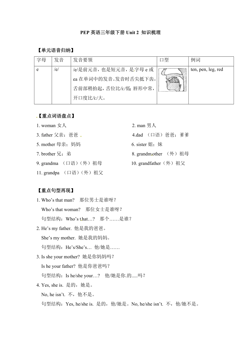 人教PEP版英语三年级下册单元知识梳理-Unit2Myfamily含答案.pdf_第1页