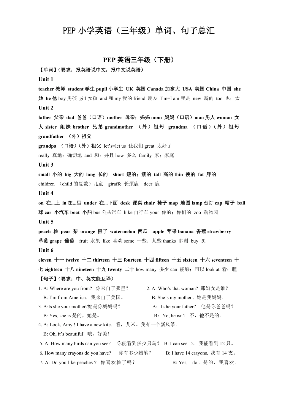 人教PEP版英语三年级下册复习资料-知识点总结含答案.pdf_第1页